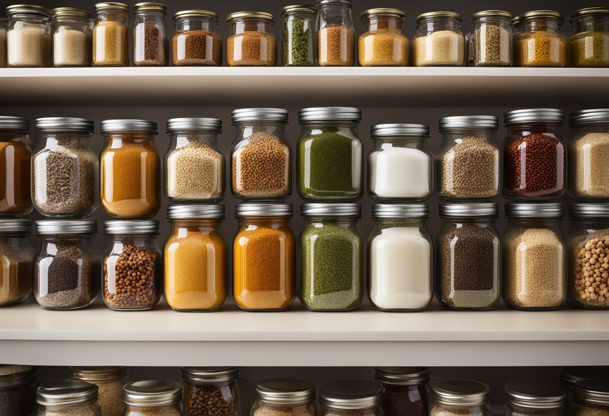 Glass jars filled with various types of seasoning, neatly arranged on a wooden shelf against a white background