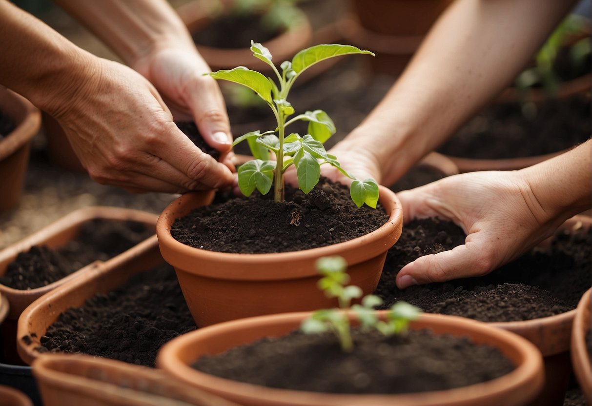 Hands fill terracotta pots with soil. Seeds are planted, watered, and placed in the sun