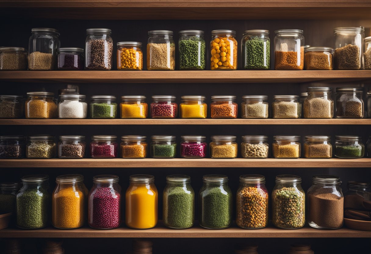 Glass jars filled with various colorful seasonings neatly arranged on a wooden shelf, catching the sunlight and creating a vibrant display
