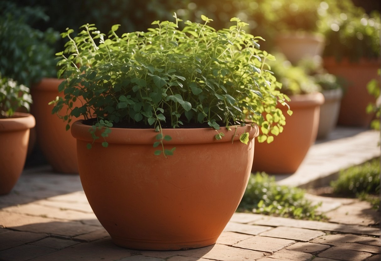 A large terracotta pot sits in a sunlit garden, filled with vibrant green plants and trailing vines