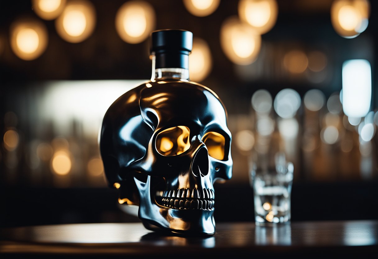 A skull-shaped vodka bottle sits on a dark, moody bar counter, illuminated by a single spotlight