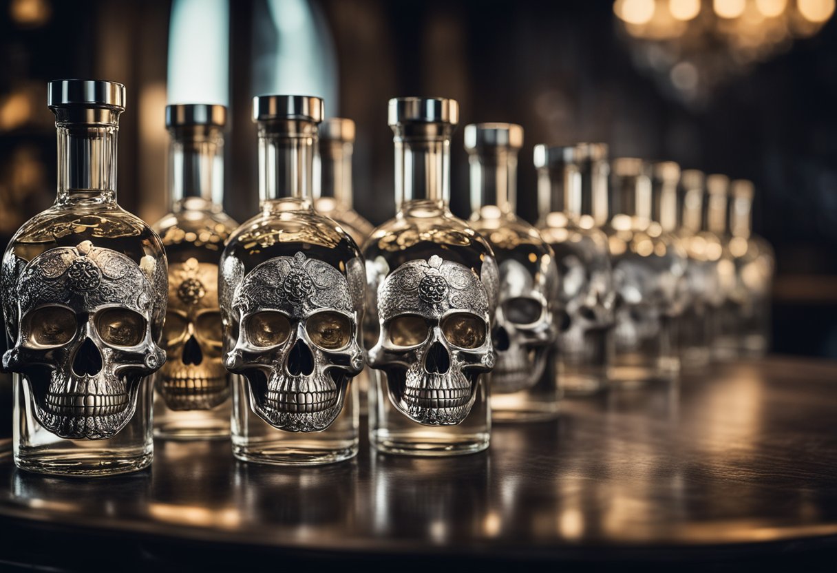 A table displays a collection of Skull Vodka Bottles, each adorned with intricate skull designs and filled with clear liquid