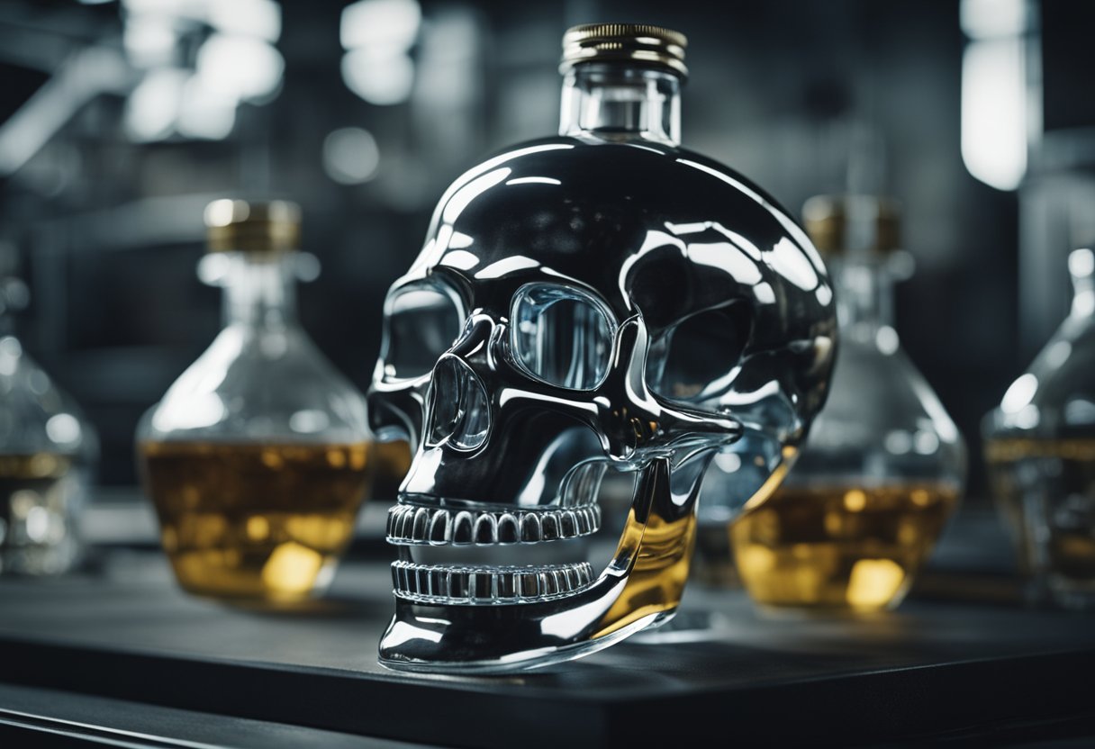 A skull-shaped vodka bottle being designed and manufactured on a production line