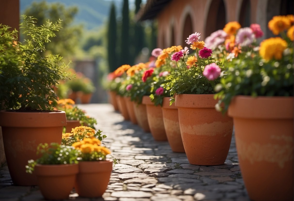 Italian terracotta pots arranged on a stone patio with colorful flowers spilling over the edges