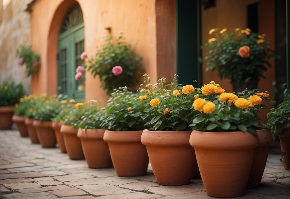 Italian terracotta pots stacked in a rustic courtyard, surrounded by lush greenery and colorful flowers. The warm sunlight casts soft shadows on the aged clay, showcasing their timeless beauty