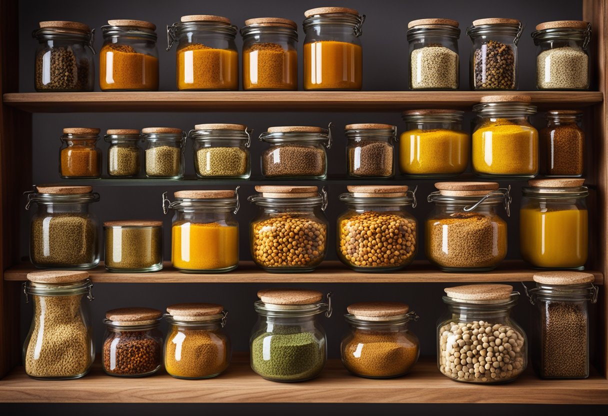 Glass spice jars arranged on a wooden shelf, varying in size and shape, filled with colorful spices like turmeric, paprika, and cumin