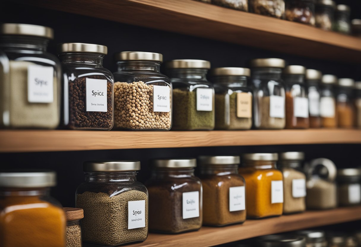 Glass spice jars line a wooden shelf, each with a unique label and filled with vibrant spices