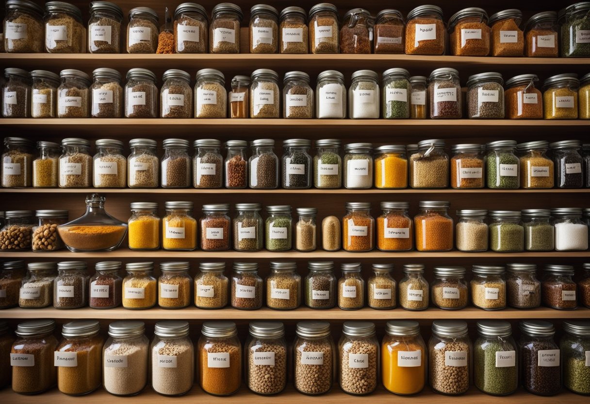Various glass jars filled with colorful spices neatly arranged on a wooden shelf, with labels indicating the different spices