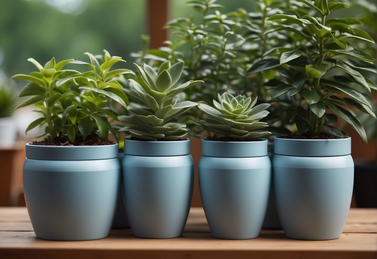 Plastic pots arranged on a wooden shelf, varying in size and color, with plants growing out of them