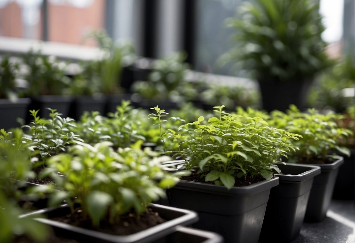 Lush green plants thrive in plastic pots, showcasing durability and versatility. The pots are lightweight and easy to move, with drainage holes for optimal plant health