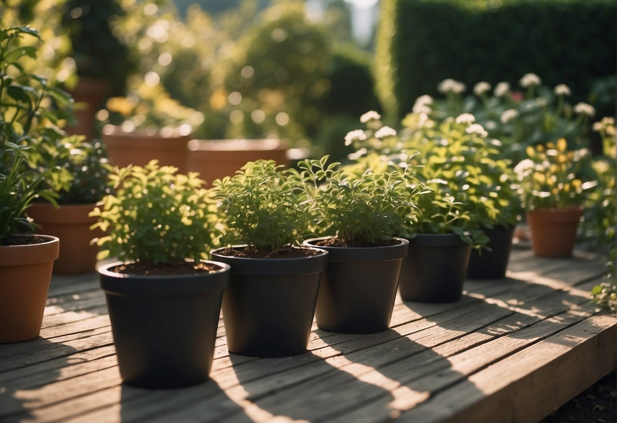 Plastic pots scattered in a garden, surrounded by greenery and sunlight