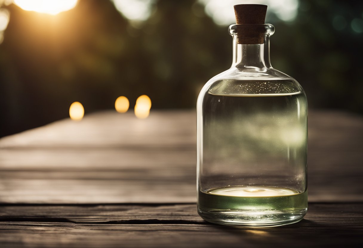 A glass spirit bottle rests on a weathered wooden table, illuminated by the soft glow of candlelight