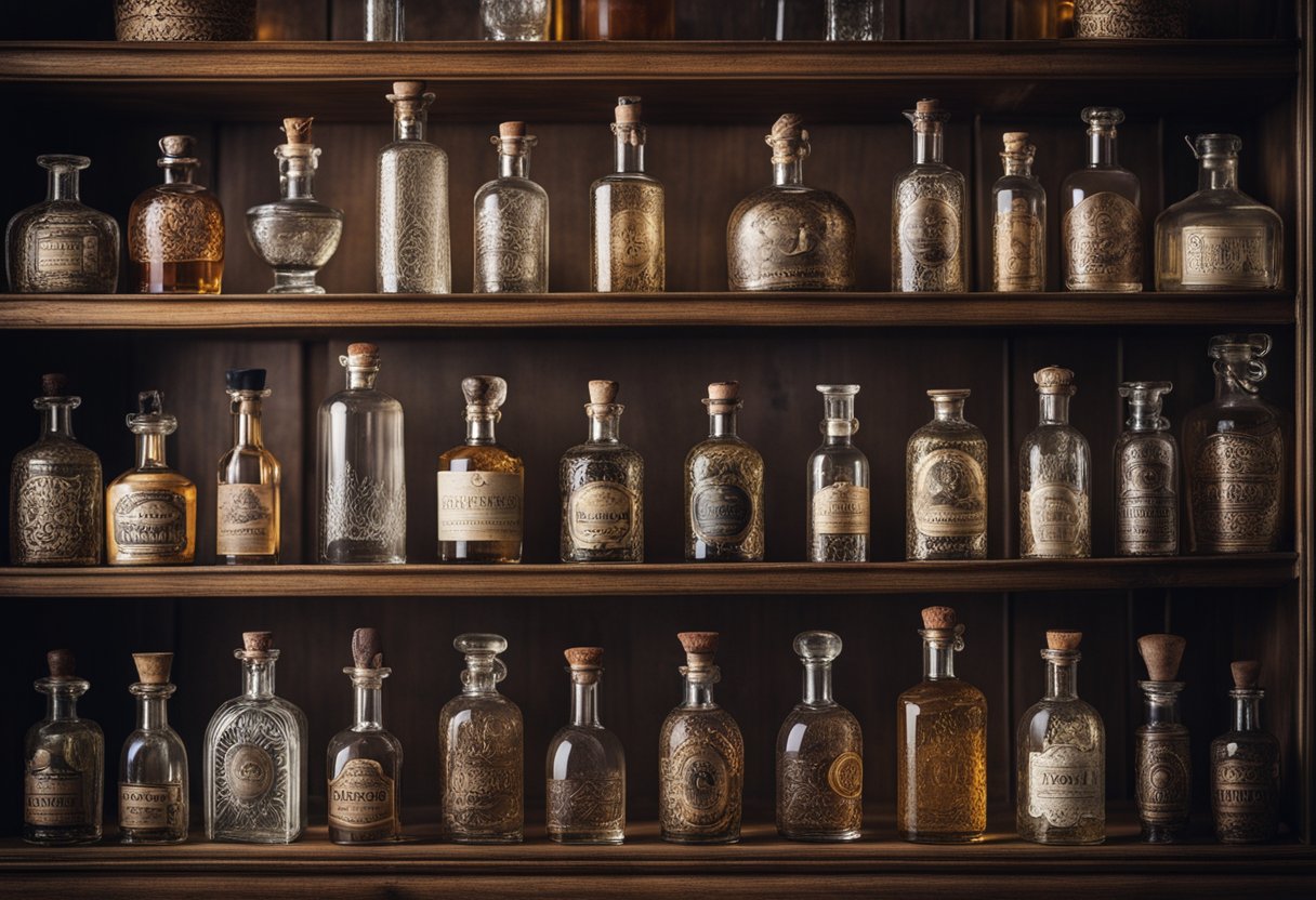 A collection of antique spirit bottles displayed on a wooden shelf, each bottle bearing unique labels and intricate designs