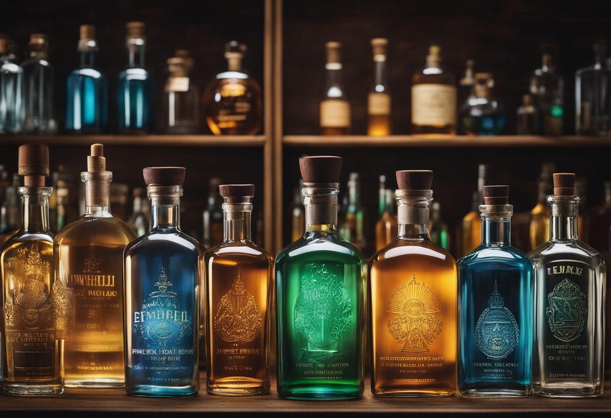 Various spirit bottles arranged on a wooden shelf, each with unique shapes and labels, casting colorful reflections in the soft glow of ambient light