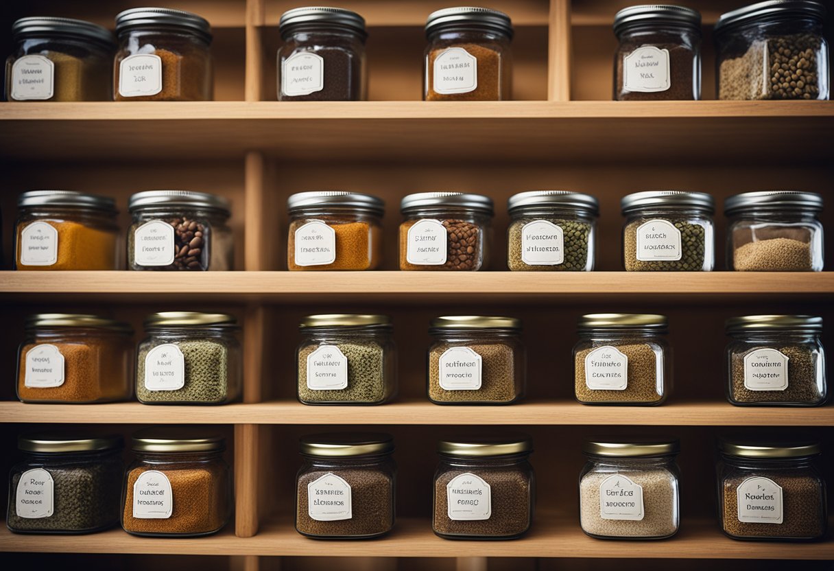 Square glass spice jars arranged neatly on a wooden shelf. Labels are visible on each jar, with various spices and herbs inside