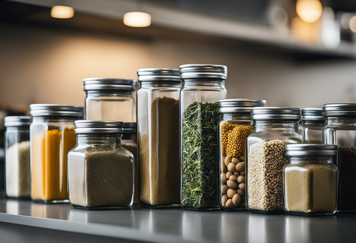 Square glass spice jars neatly arranged on a modern kitchen countertop, easily accessible and labeled for effortless usability