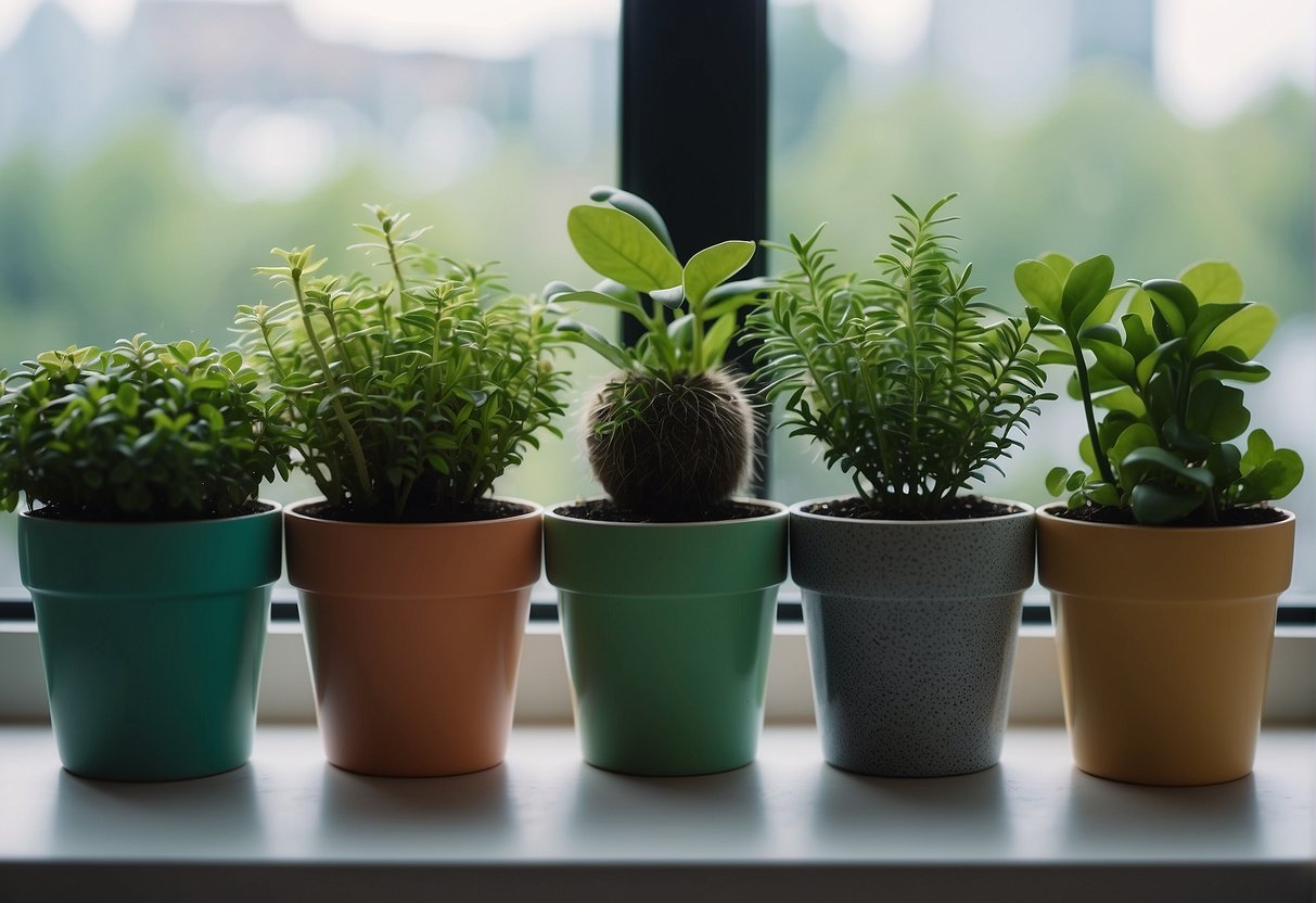 Several small plastic plant pots arranged on a windowsill