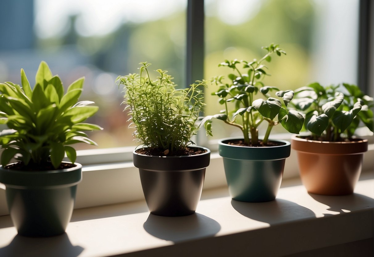 Various small plastic plant pots arranged on a sunny windowsill, surrounded by greenery and natural light