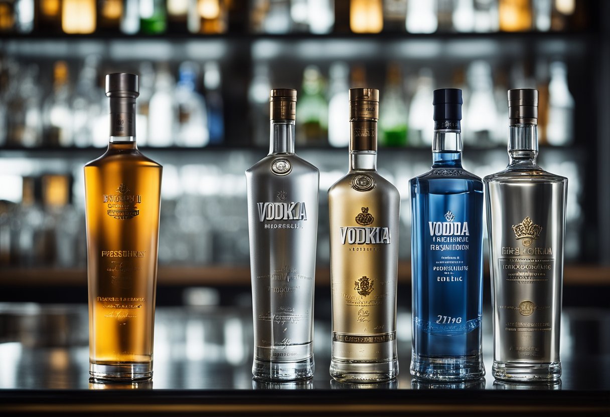 Various vodka bottles on a sleek, backlit bar shelf. Different shapes, sizes, and labels. Reflective surfaces catch the light