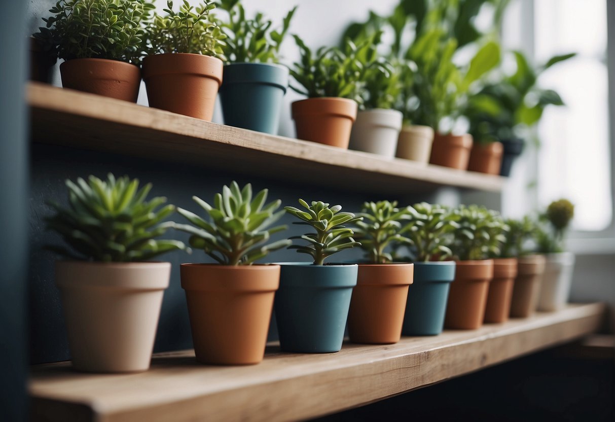 Several small plastic plant pots are being cleaned and arranged neatly on a shelf. Watering cans and gardening tools are nearby