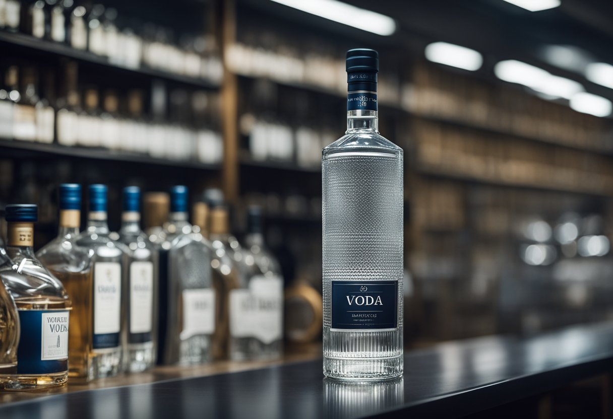 A vodka bottle sits on a shelf, with a price tag displayed prominently