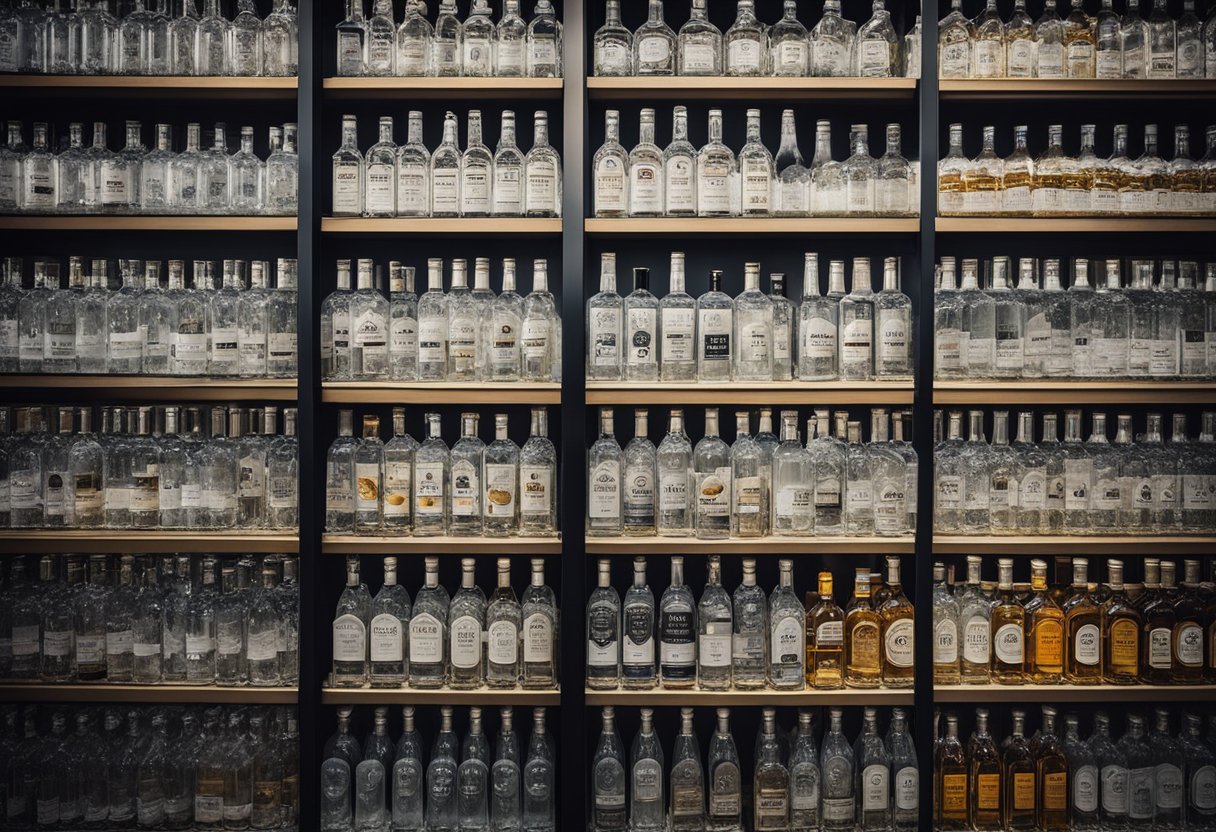 Various vodka bottles lined up on a shelf, each with a price tag. Labels and sizes vary, creating a visual representation of price comparison