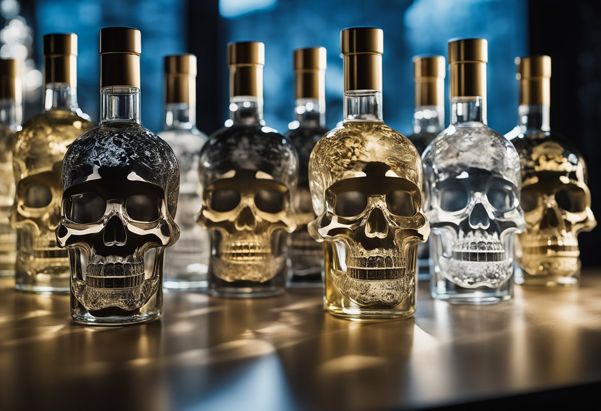 A table displays various skull-shaped vodka bottles, each with unique designs and labels. The bottles are arranged in a row, with dramatic lighting casting shadows behind them