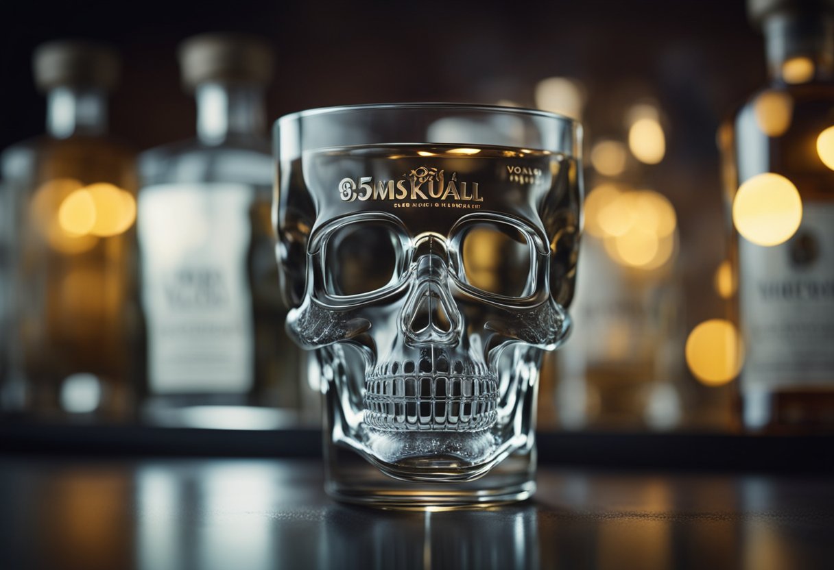 A glass skull mold is filled with liquid, then sealed and labeled with a vodka brand logo