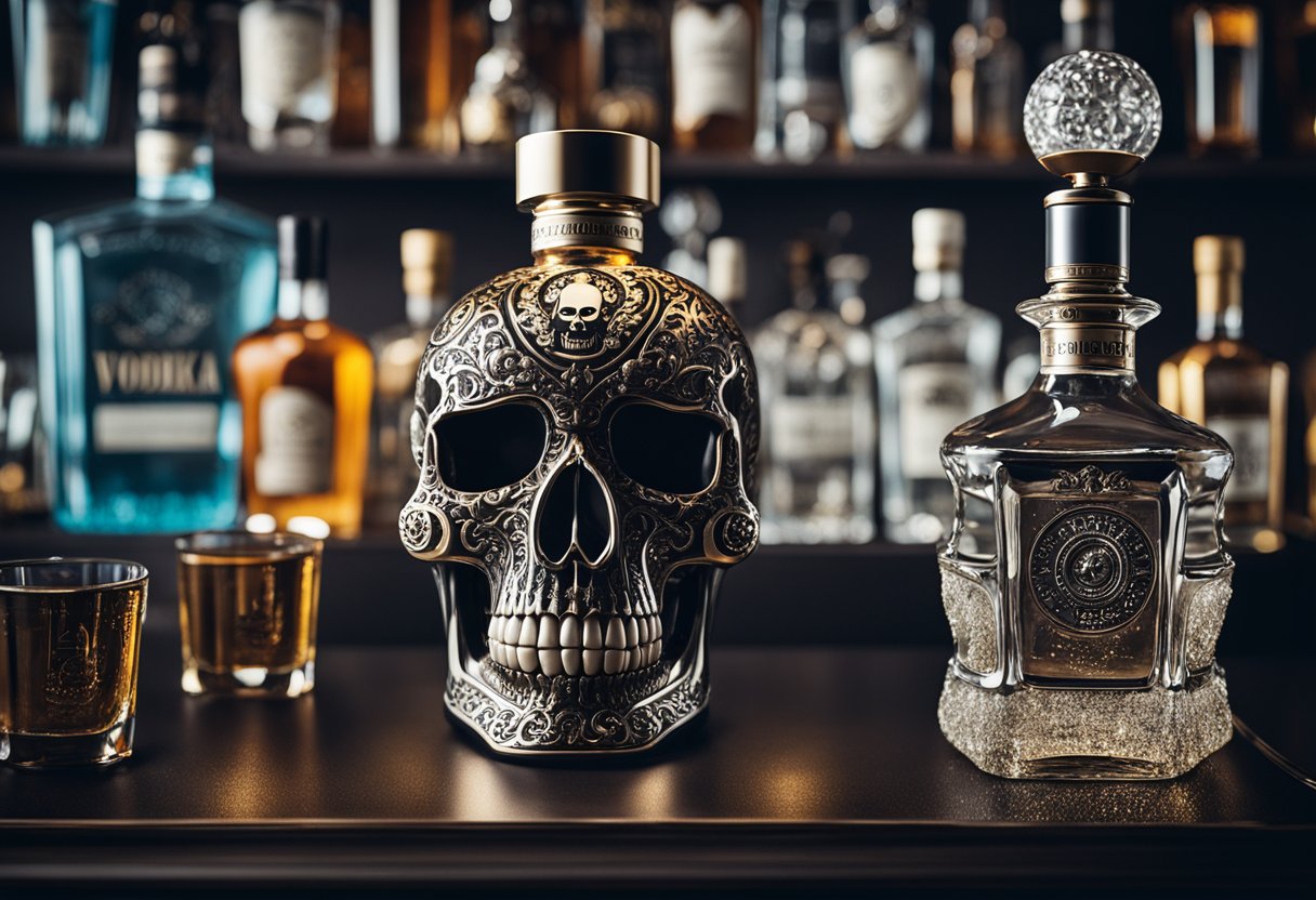 A skull-shaped vodka bottle surrounded by various brands and varieties on a sleek, modern bar shelf