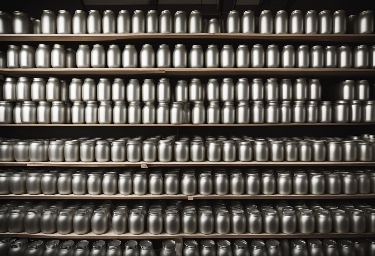 A warehouse filled with rows of wholesale ball mason jars stacked on shelves, with boxes and packaging materials nearby