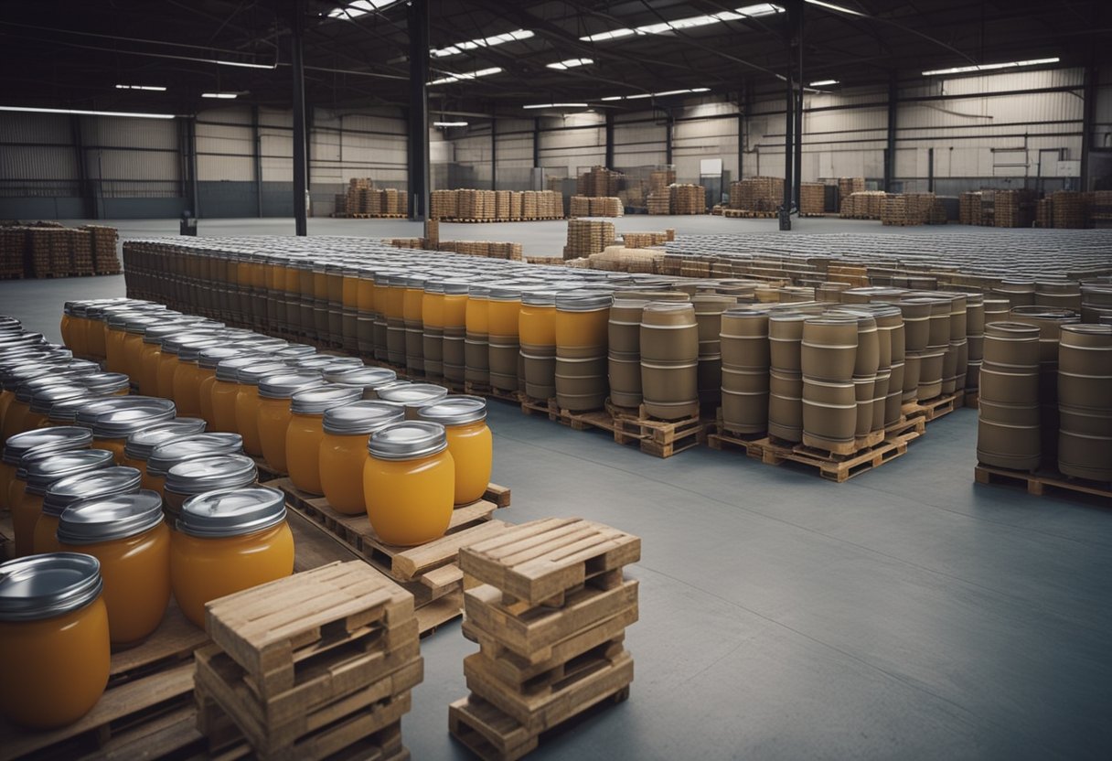 A warehouse filled with stacked pallets of wholesale ball mason jars, with forklifts moving around and workers organizing inventory
