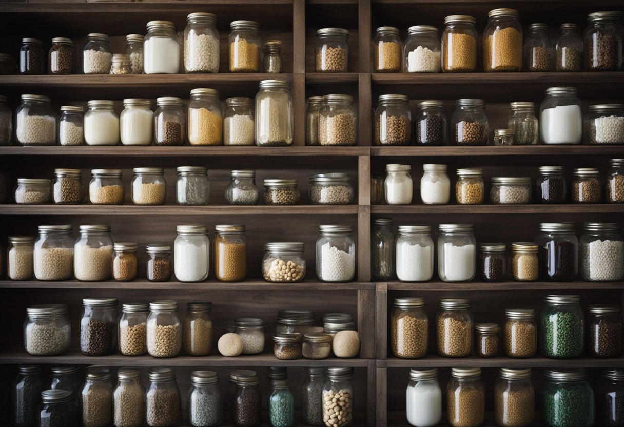 A shelf filled with wholesale mason jars of various sizes and shapes, neatly organized and labeled, ready for use