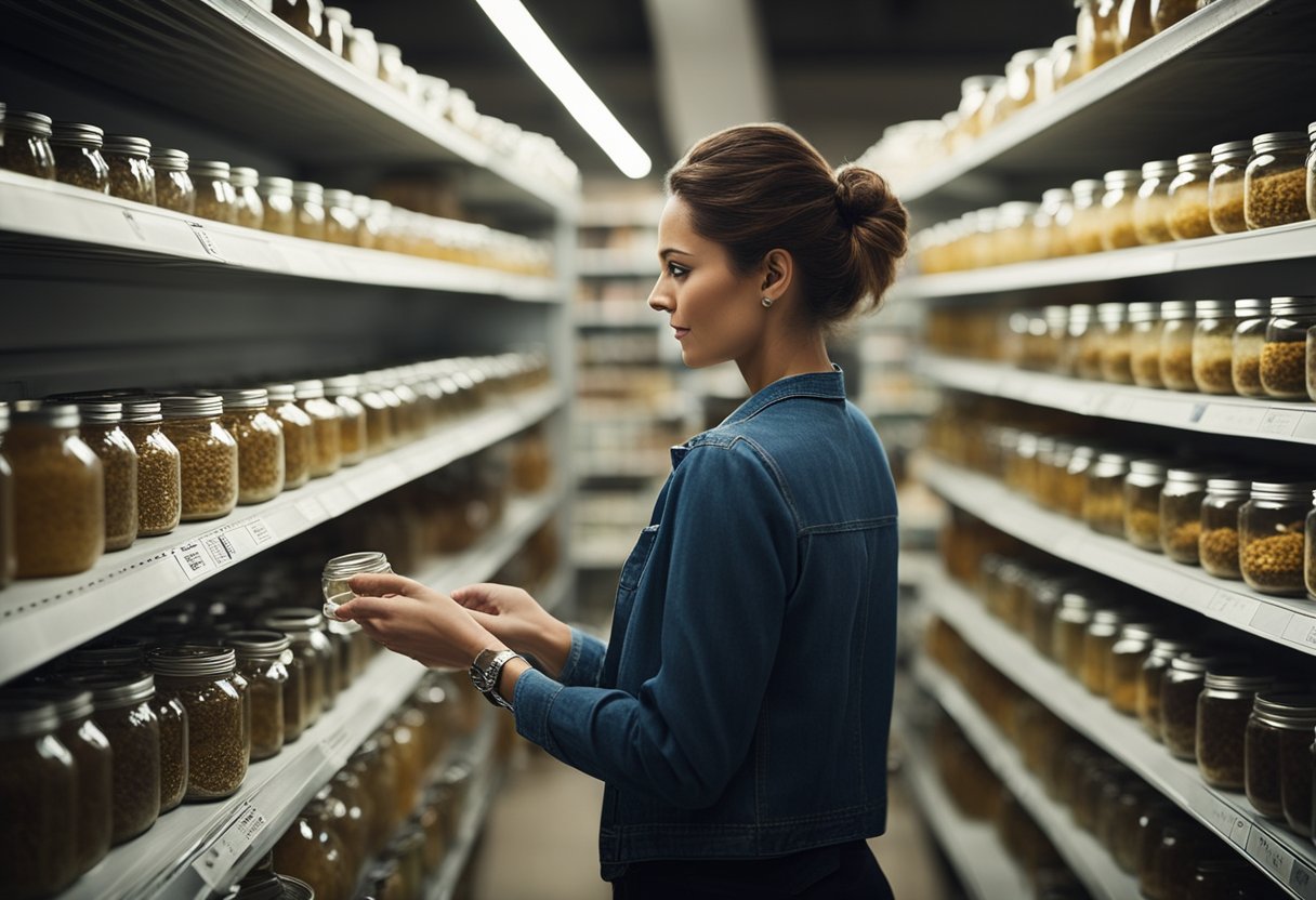 A person browsing shelves of mason jars, comparing sizes and styles. Labels indicate different suppliers