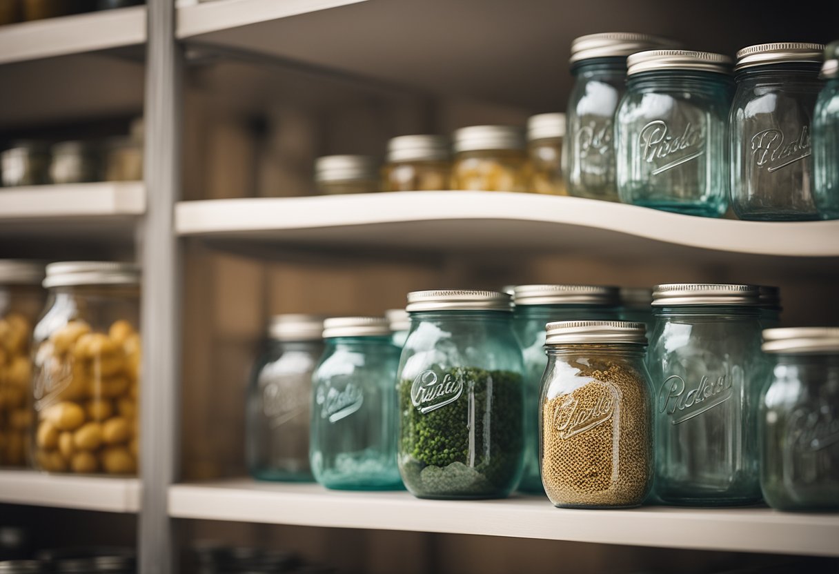 Empty mason jars in various sizes and shapes displayed on shelves with customizable labels and lids