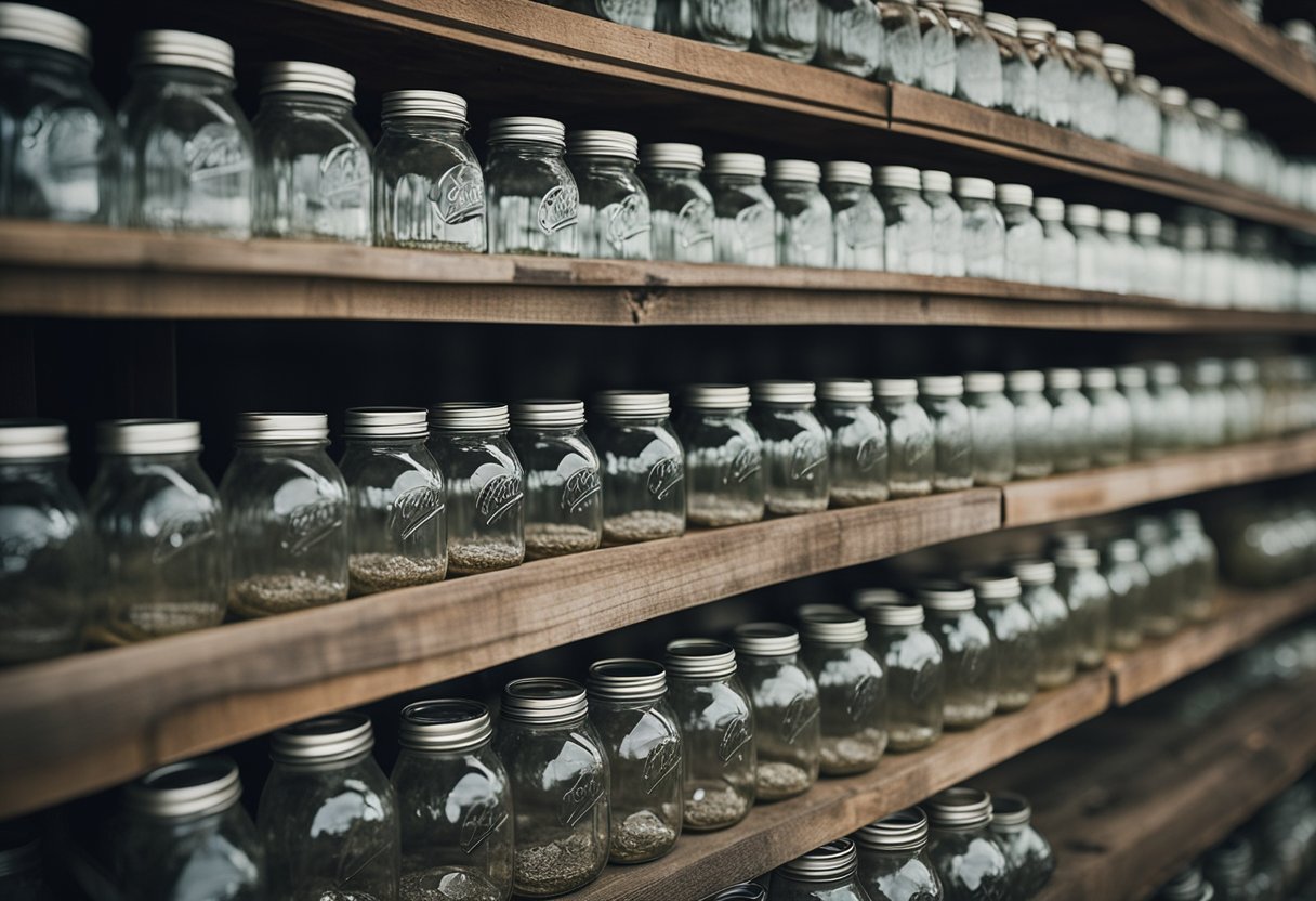 A stack of mason jars with lids, neatly arranged on a warehouse shelf