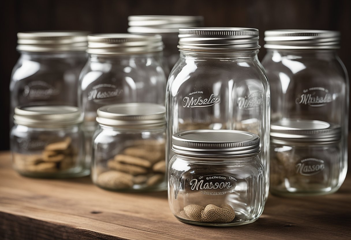 A stack of clear glass mason jars with silver lids, arranged on a wooden table. Labels reading "Wholesale Mason Jars" are visible