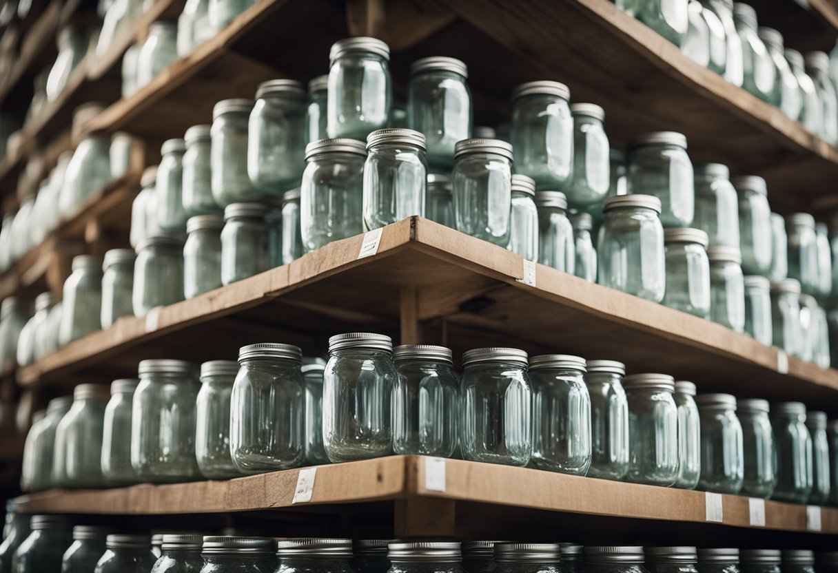 A warehouse shelves filled with wholesale mason jars, neatly stacked with lids, ready for distribution