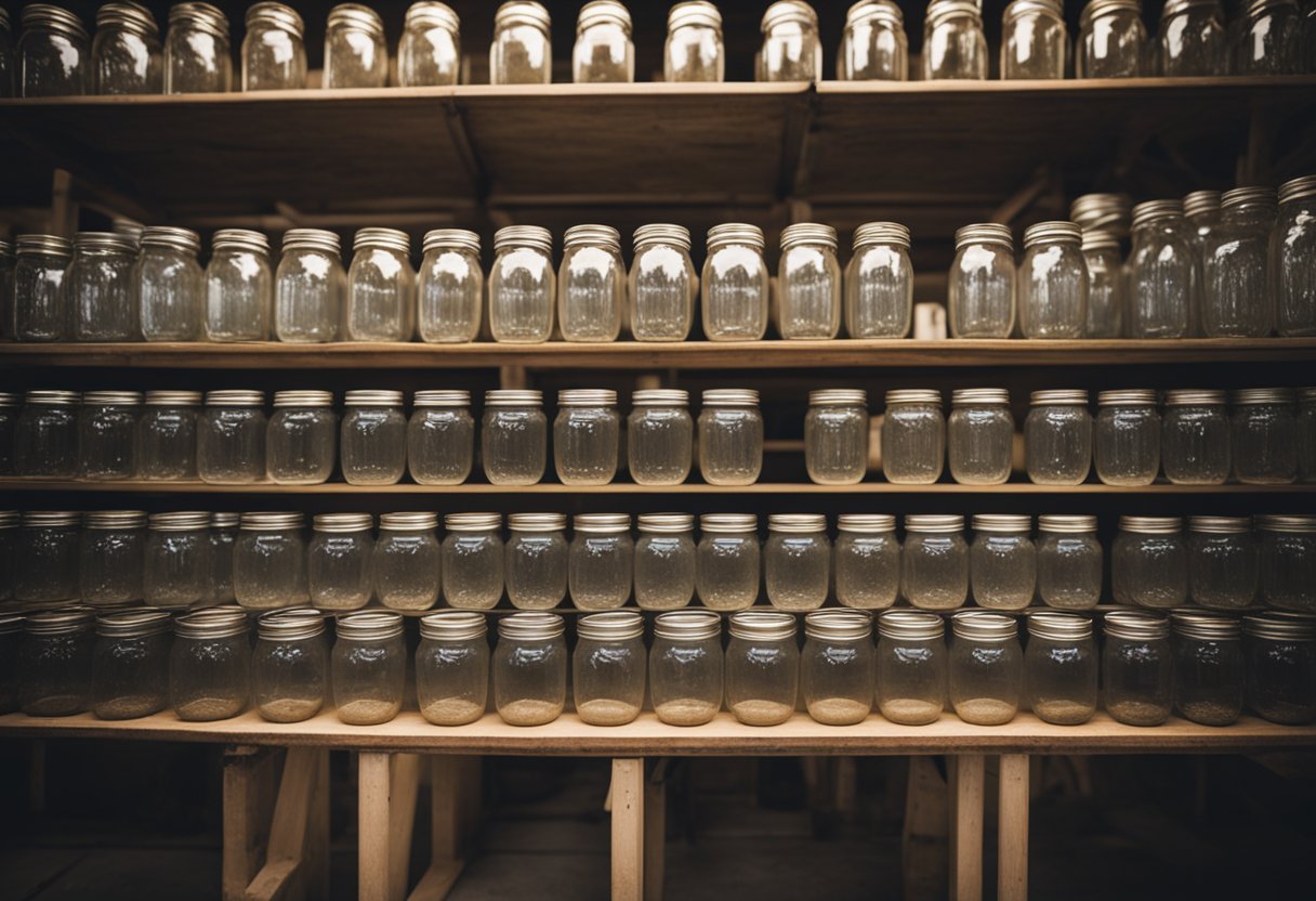 Mason jars arranged in rows, lids nearby. Labels and designs being applied to jars. Machinery for customization in background