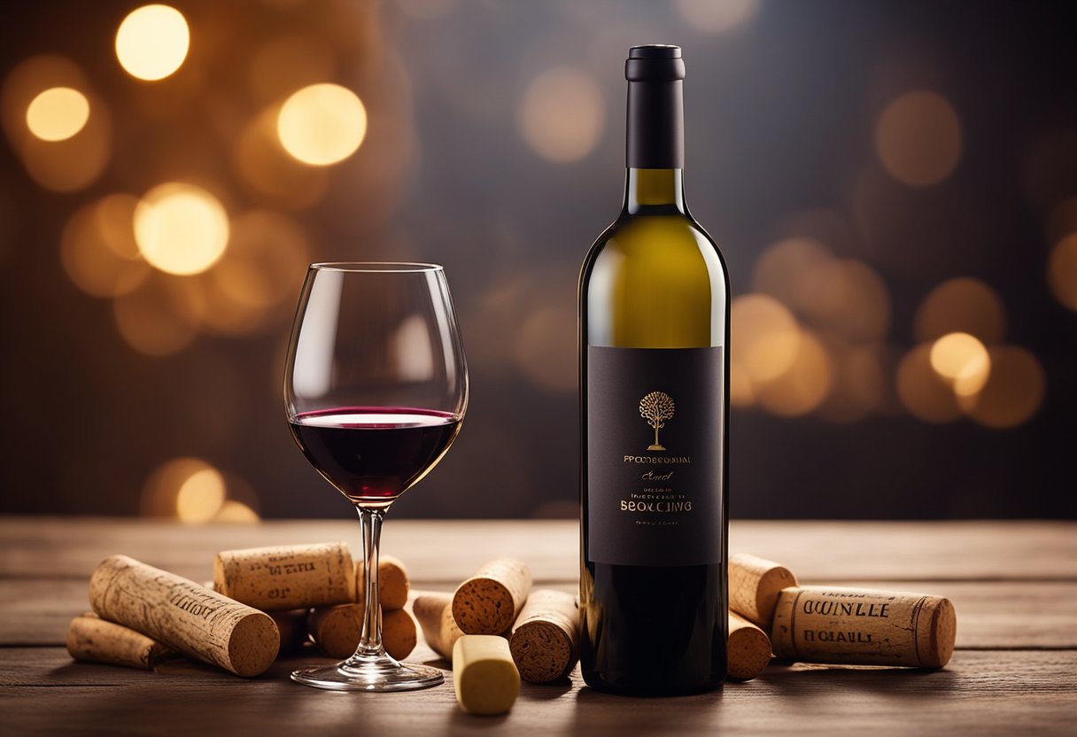 A wine bottle sits on a rustic wooden table, surrounded by a scattering of wine corks and a few empty glasses. A warm, inviting glow from a nearby candle illuminates the scene