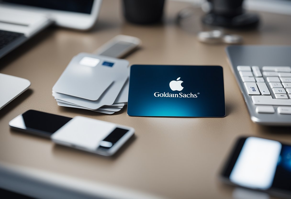 A sleek metallic Apple Card sits atop a luxurious Goldman Sachs branded surface, surrounded by modern technology devices