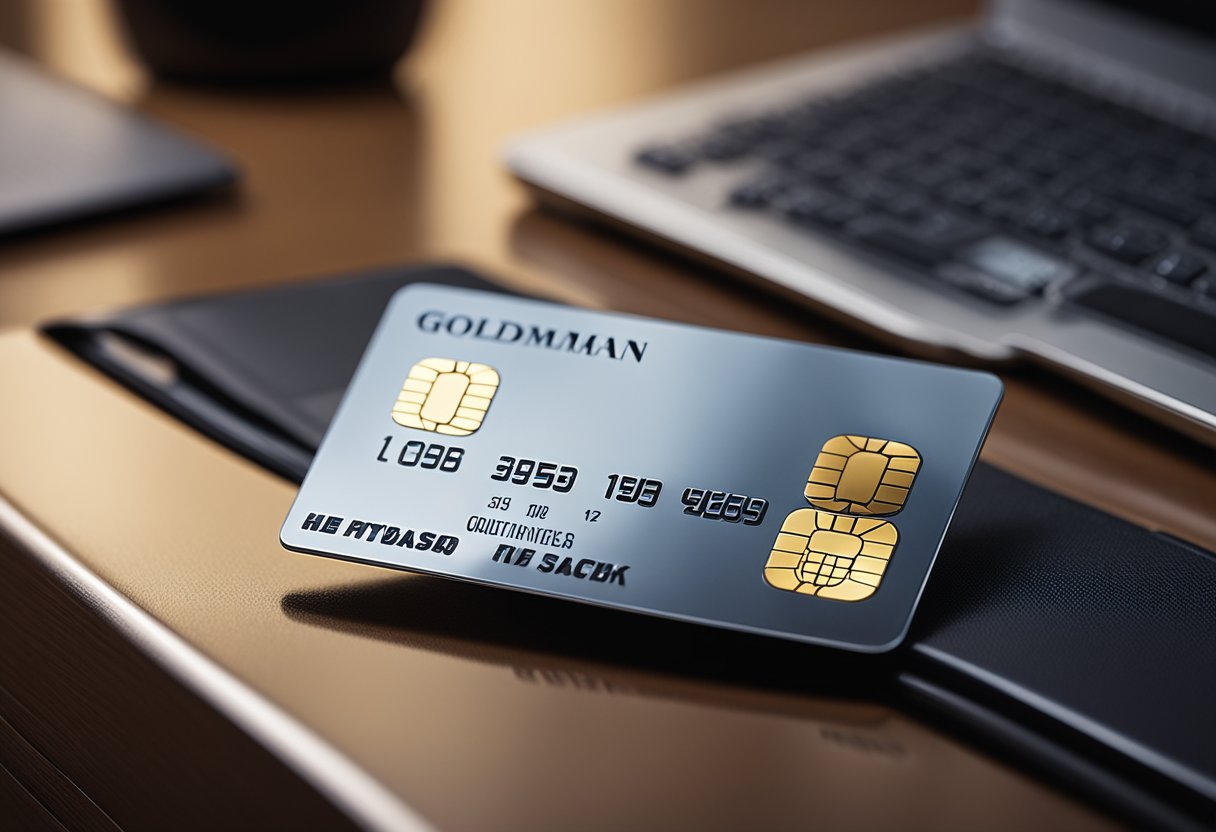 A sleek, modern credit card sits on a polished desk, with the Goldman Sachs and Apple logos prominently displayed. The card exudes an air of security and privacy