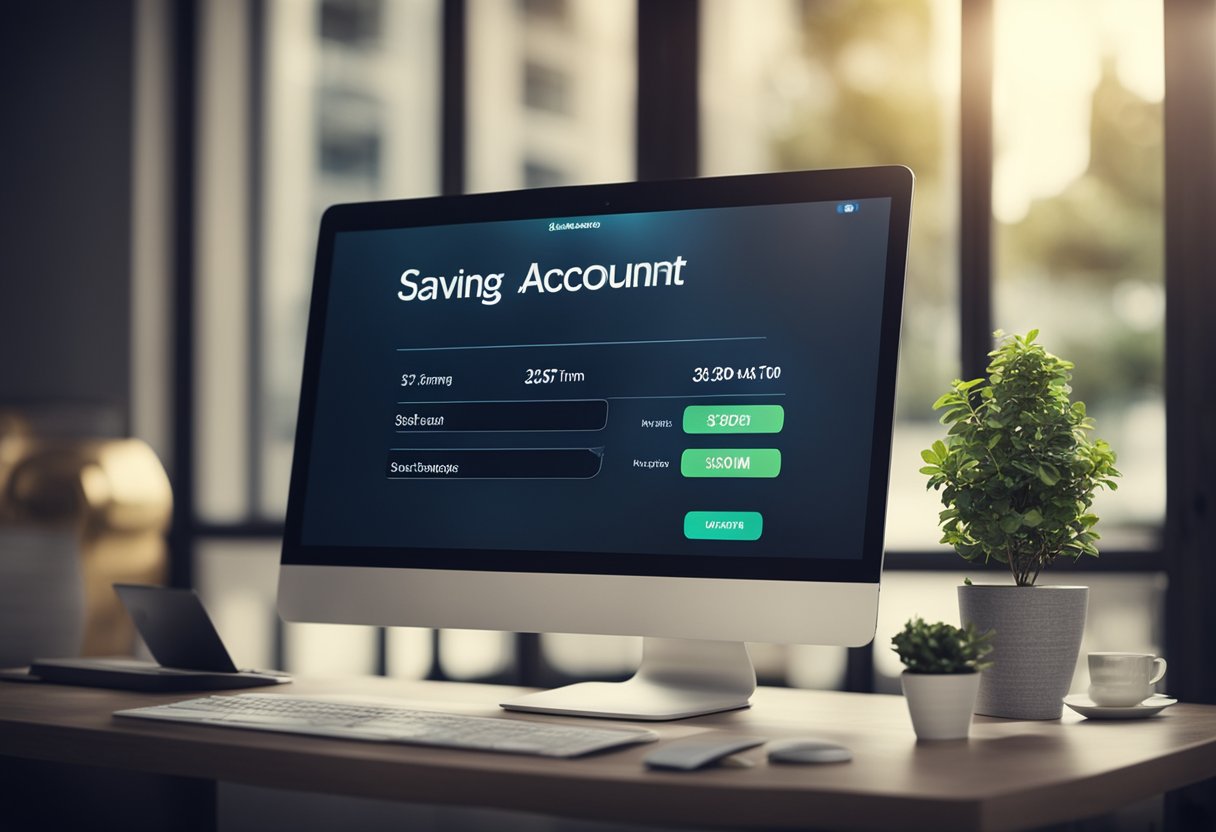 A computer screen displaying a high interest online savings account with a large balance and a graphic showing increasing savings