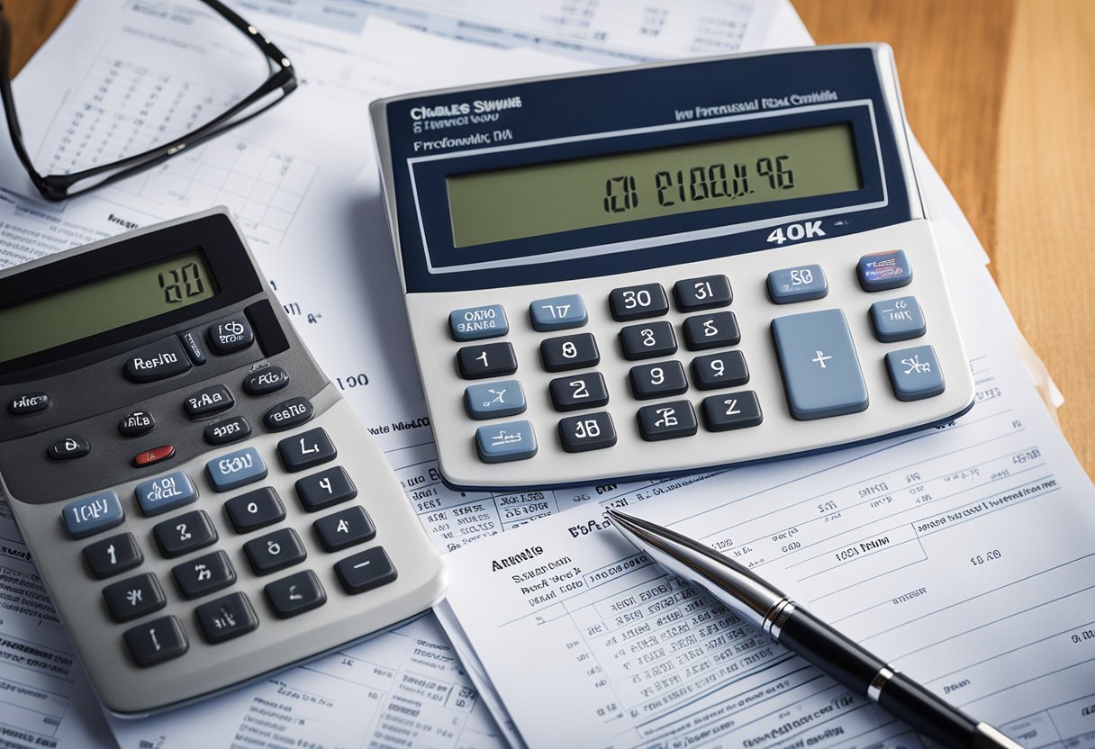 A stack of financial documents with "Charles Schwab 401k" prominently displayed on the cover, surrounded by a calculator, pen, and computer screen showing investment charts