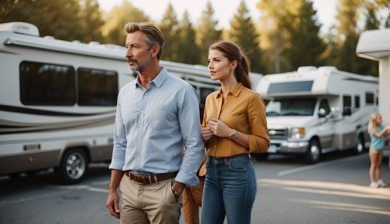 A family stands outside an RV dealership, surrounded by various models. A salesman points to features as they listen intently, considering their options