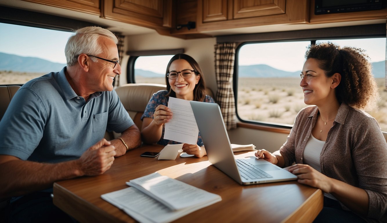 A couple sits at a table with a laptop, calculator, and documents. An RV brochure is open, and they are discussing finances