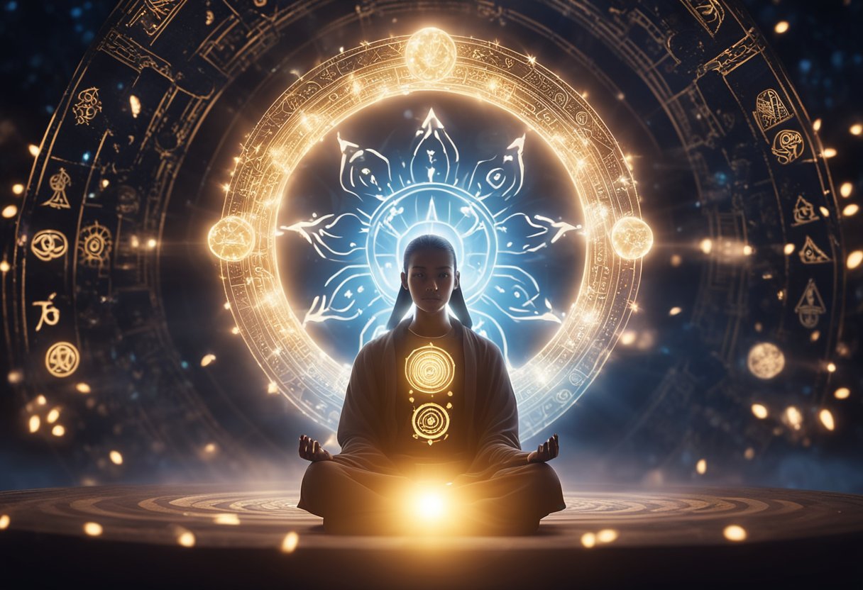 A serene figure meditates in a circle of glowing energy, surrounded by symbols of protection and spiritual strength