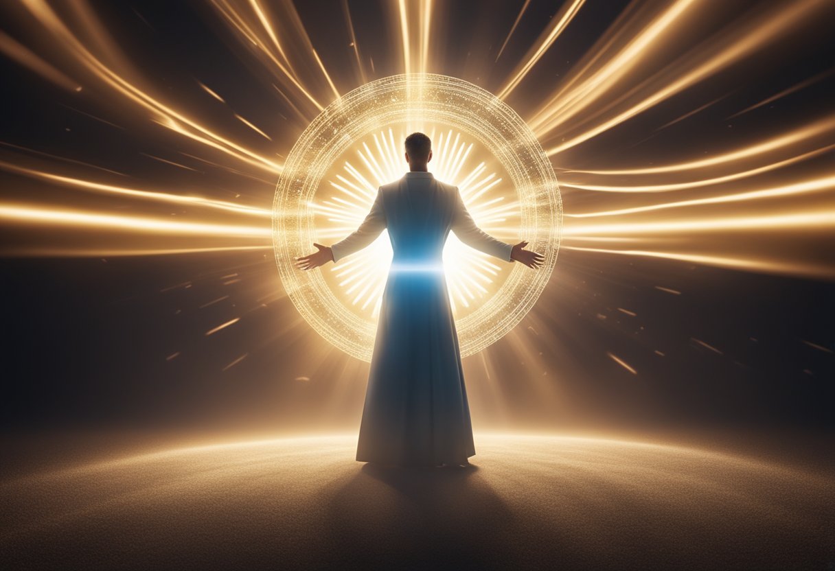 A glowing aura surrounds a figure, emanating strength and protection. Rays of light and energy swirl around, creating a shield of spiritual defense