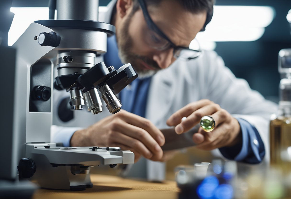 A gemologist examines the optical properties of precious stones under a microscope, revealing their unique refractive and reflective characteristics