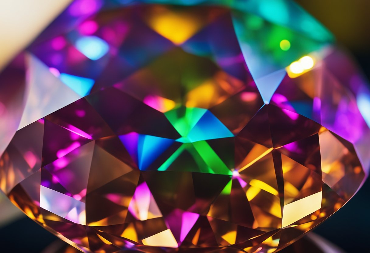 A gemstone refracts light, displaying vibrant colors and unique patterns. Its facets reflect and disperse light, creating a dazzling optical display