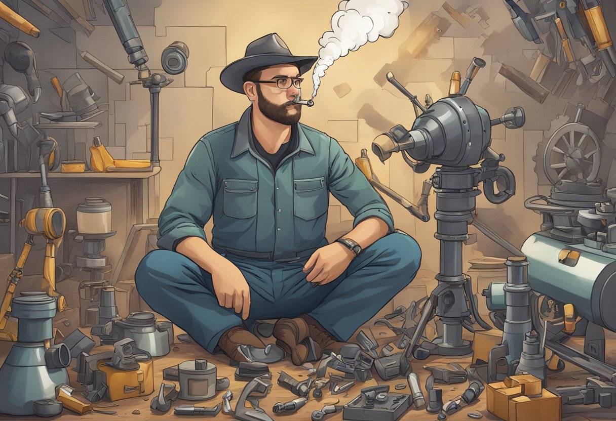 A smoking drill with a burnt smell, surrounded by scattered tools and a puzzled user looking at it